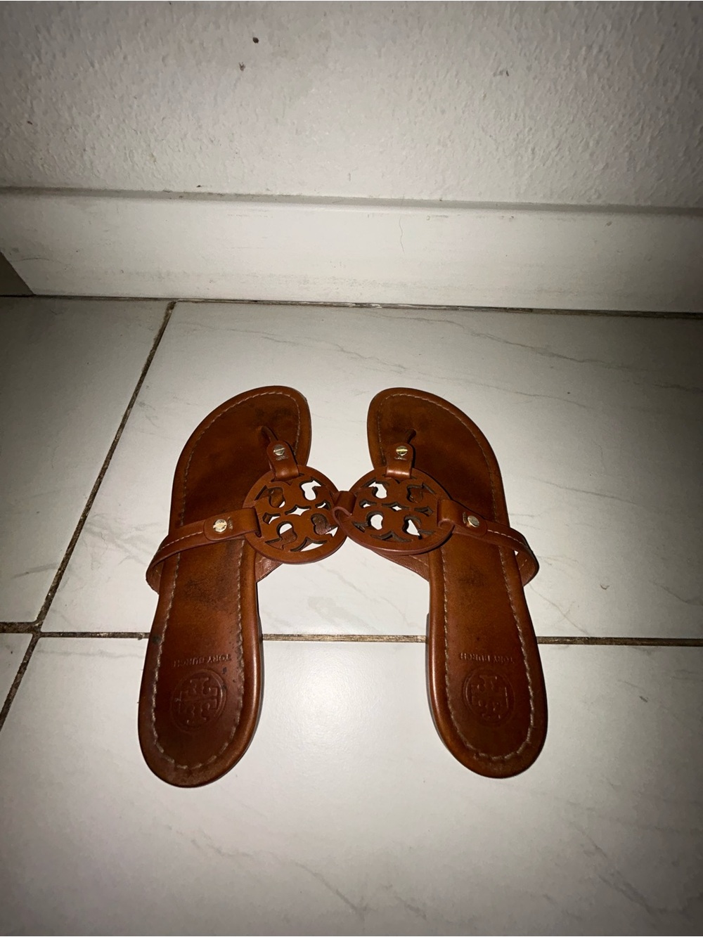 Tory Burch Brown Leather Logo Thong Sandals